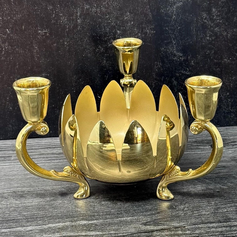 Vintage Italian Brass Plated Triple Lotus Candle Holder Flower Vase Centerpiece